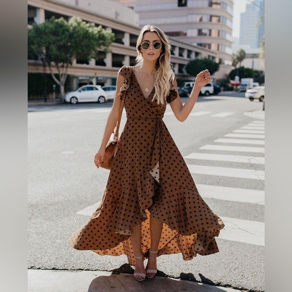 Vici Dresses & Skirts - Brown Polka Dot Skirt VICI Mama Mia Polka Dotted Wrap Maxi Dress sz: Small Retro